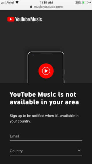 YouTube Music Not Available in your Area Message