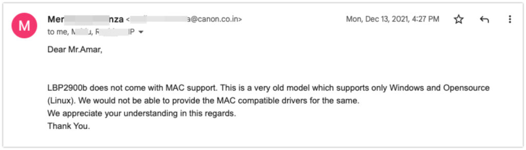 Official Reply from Canon Regarding LBP2900B Mac Drivers