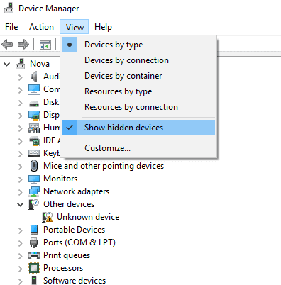 Show Hidden devices option in Device Manager