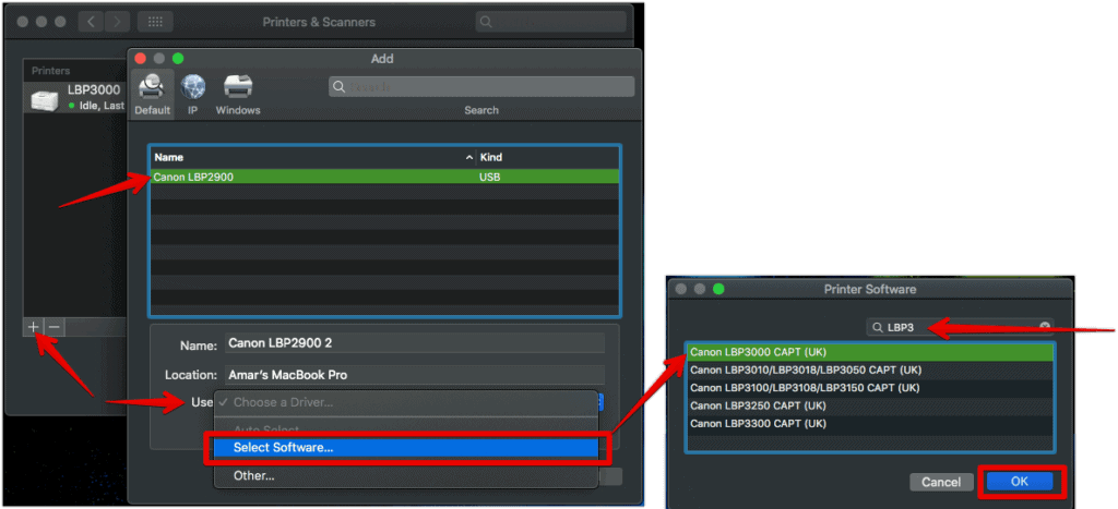 Select LBP3000 software to setup Canon LBP2900B printer on your Mac device