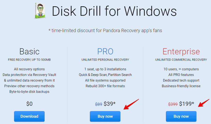 Disk Drill for Windows Pricing Table