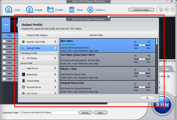 WinX DVD Ripper platinum output profiles