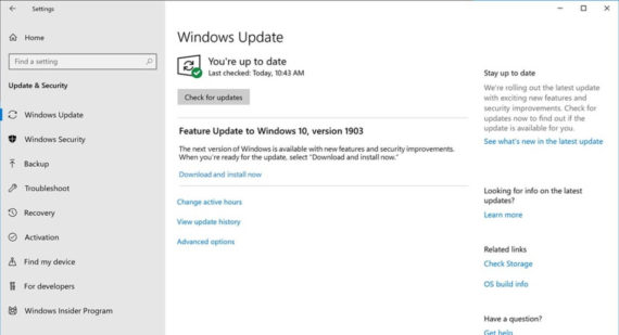 Windows 10 version 1903 update