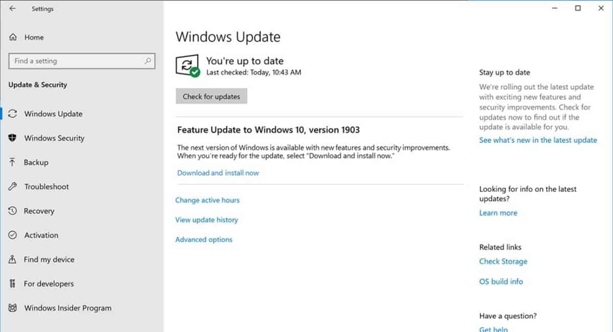 Windows 10 version 1903 update