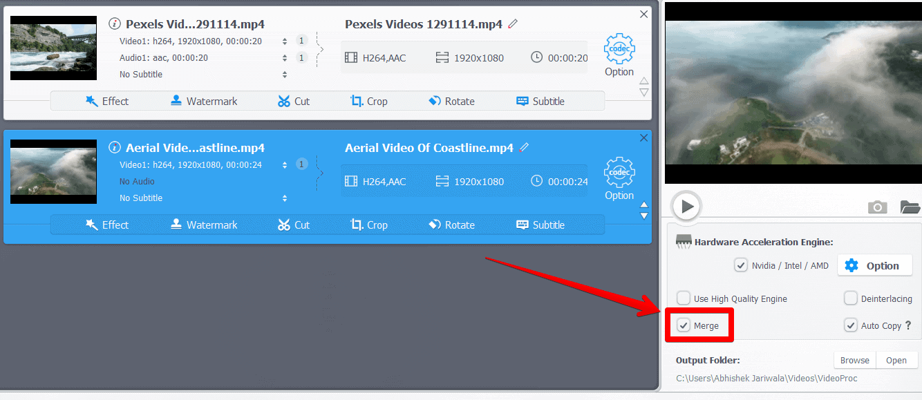 Select Merge option for videos loaded inside VideoProc