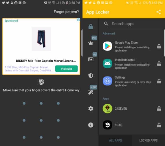 App Locker by BGNmobi with Lock Screen on the left and Main Menu on the right