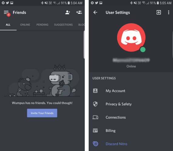 Discord App with Main Menu on the Left and Settings on the Right