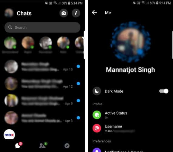 Hangouts Alternative Facebook Messenger with Recent Chats on the Left and Settings on the Right