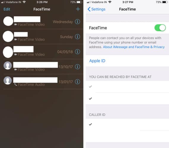 FaceTime App with Recent Calls on the Left and Settings on the Right