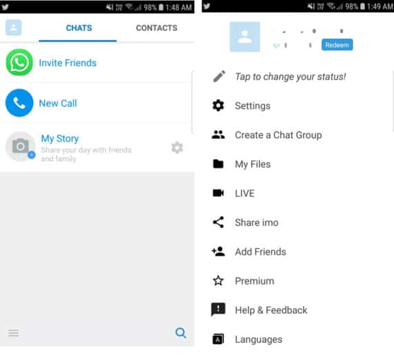 Imo App with Chats on the Left and Settings on the Right