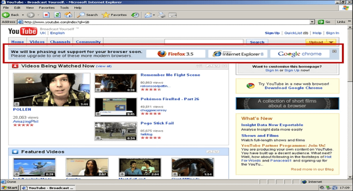 Internet Explorer 6 support ending soon banner inside YouTube