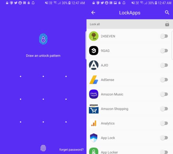 AppLocker by Kylian Mbapee with Lock Screen on the left and Main Menu on the right