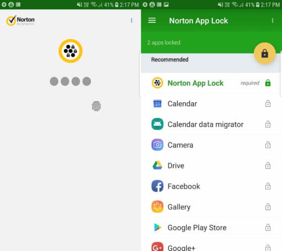 Norton App Lock for Android with Lock Screen on the left and Main Menu on the right