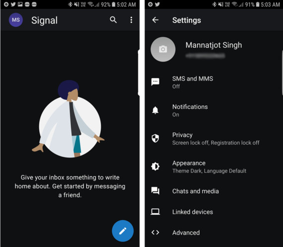 Signal App with welcome screen on the Left and Settings on the Right