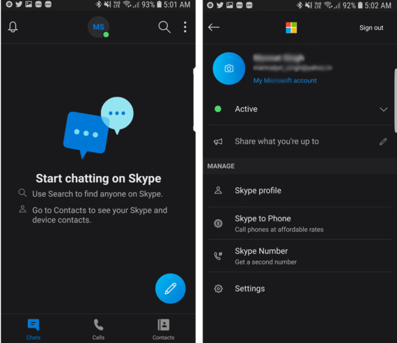 Skype App with Chat screen on the Left and Settings on the Right