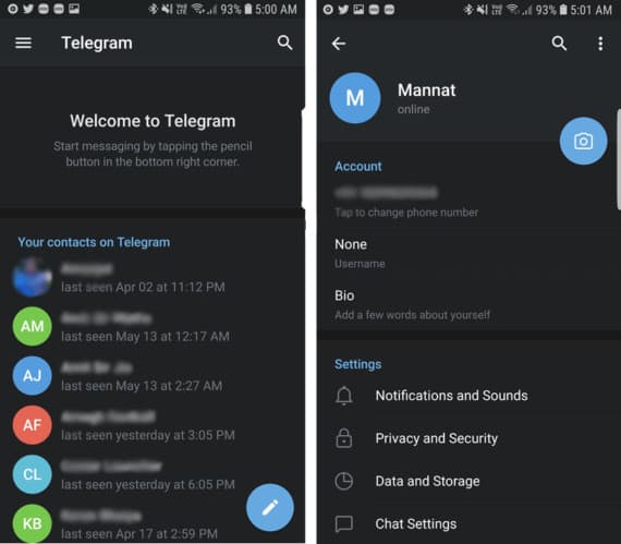 Telegram App with Main Menu on the Left and Settings on the Right