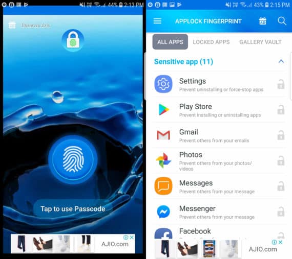 App Lock - Fingerprint by Top Droid Team with Lock Screen on the left and Main Menu on the right