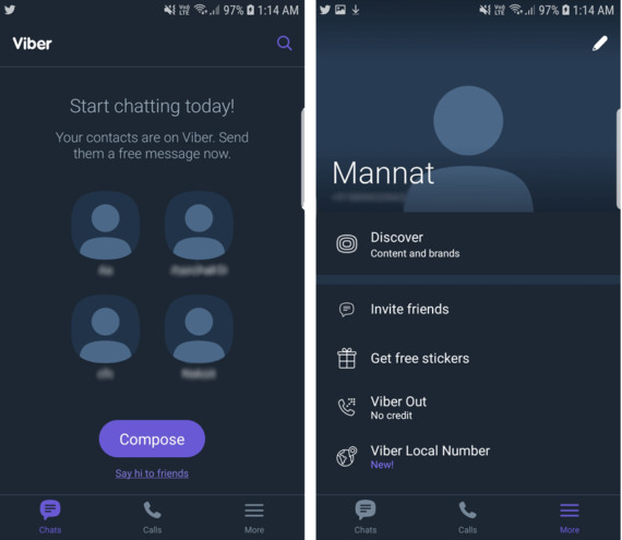 Viber App with Chat Screen on the Left and Settings on the Right which will be an perfect Hangouts alternative app