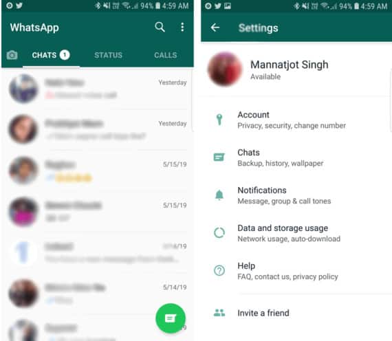 WhatsApp App with Recent Chats on the Left and Settings on the Right
