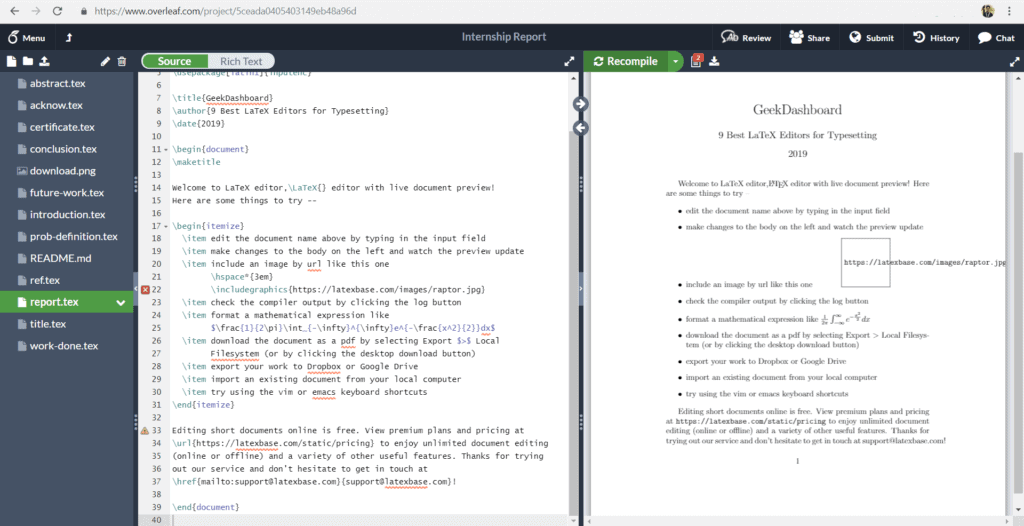 Overleaf Online LaTex Editor User Interface