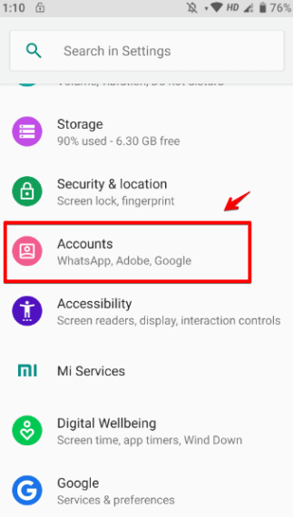 Select Accounts under phone settings