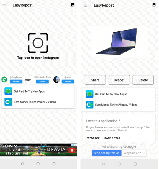 Easy Repost for Instagram App with Repost Page on the right and Home Page on the left