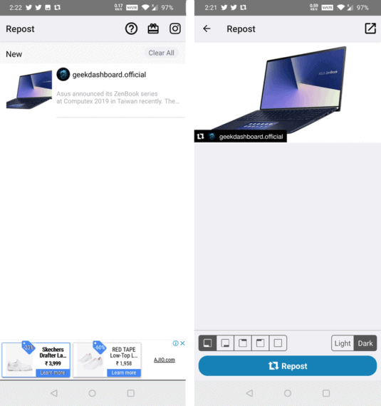 Repost for Instagram App with Repost Page on the right and Home Page on the left