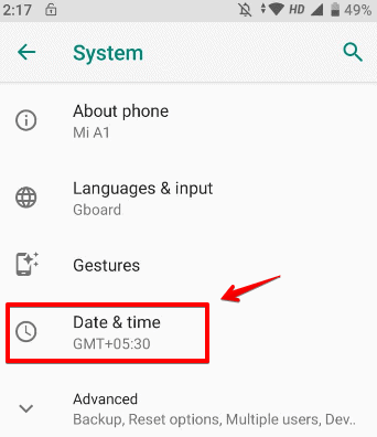Select Date & time in System Settings