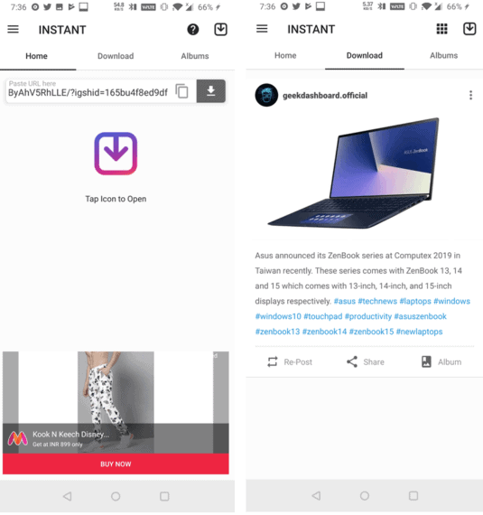 Video Downloader for Instagram App with Repost Page on the right and Home Page on the left