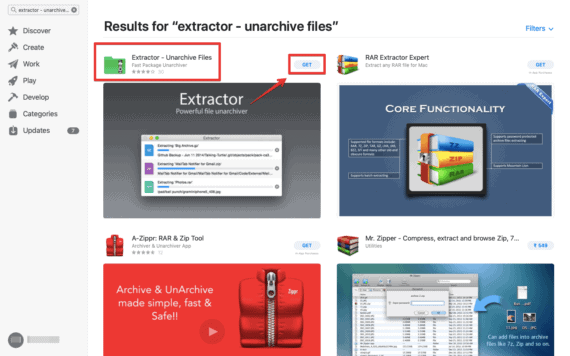 Click on "GET" to install RAR extractor on your Mac