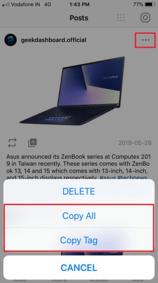 Copy Caption and Tags (iOS)
