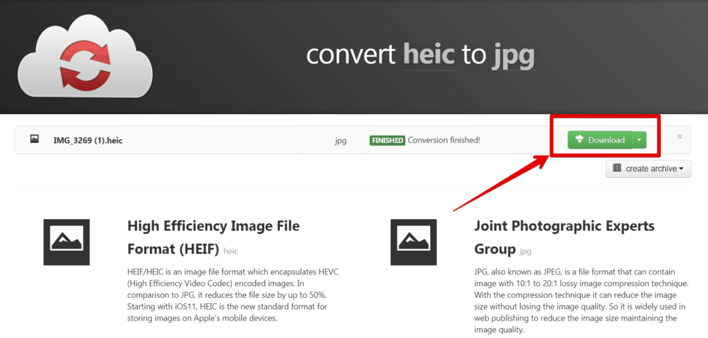 Download converted HEIC images