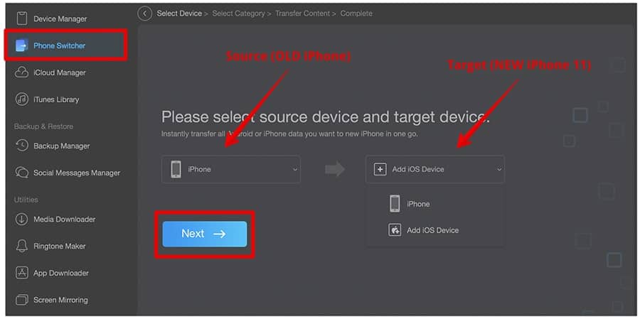 Select Source and Target Phones