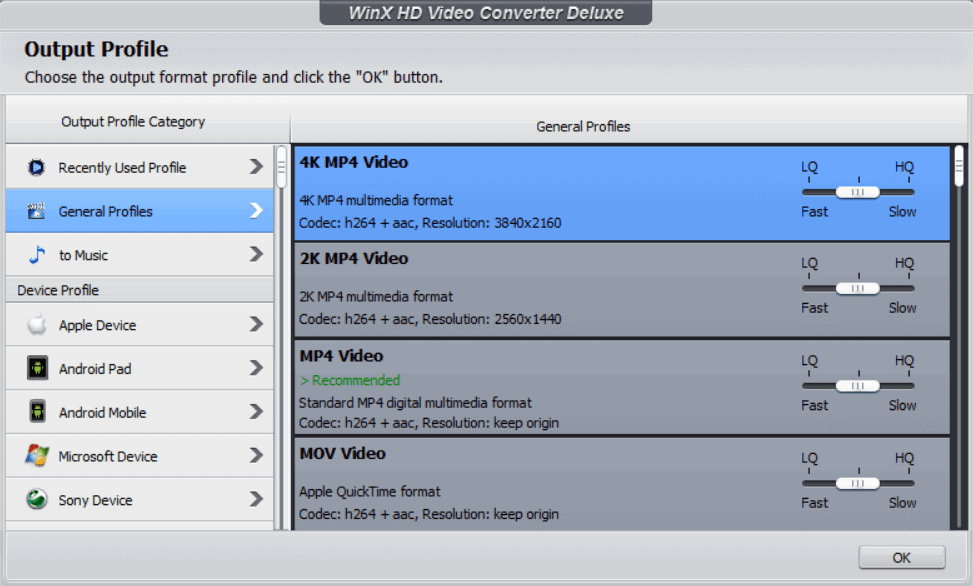 Select MP4 Output format