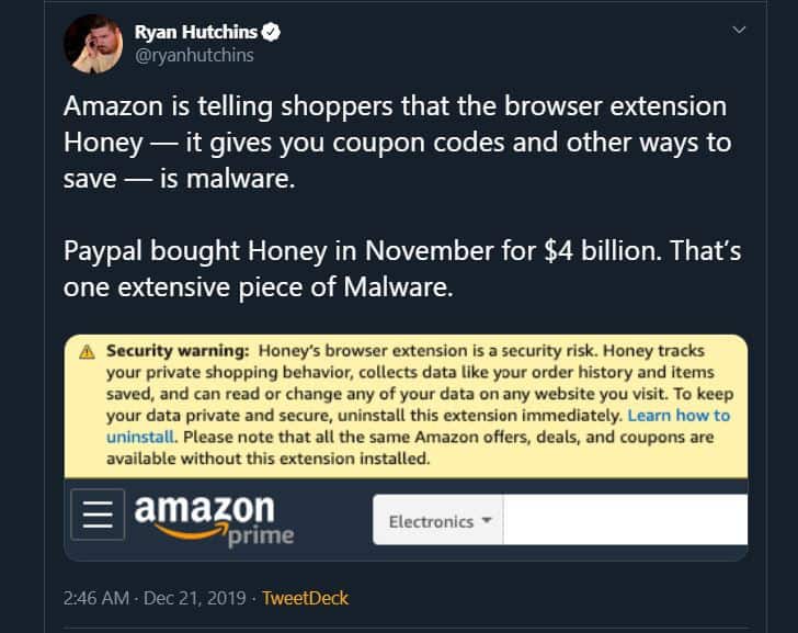 Amazon's security warning about Honey browser extension