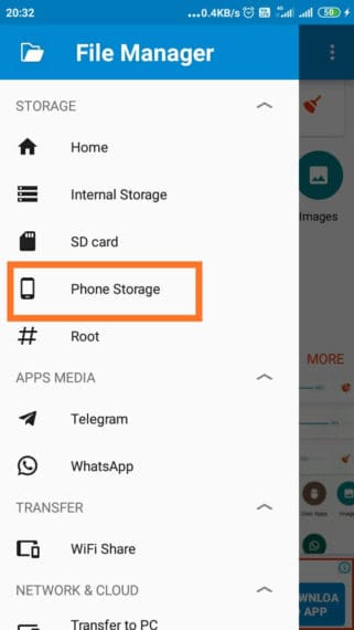 Selecting Phone Storage in ES File Explorer Menu