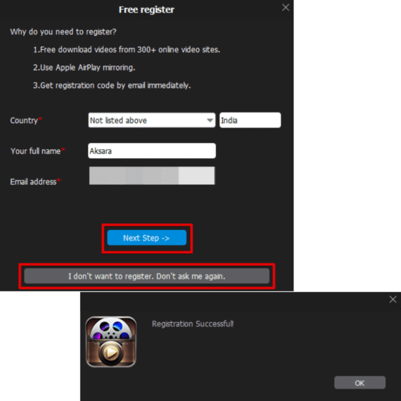Registration screen for 5KPlayer which requires Country, Name and email ID