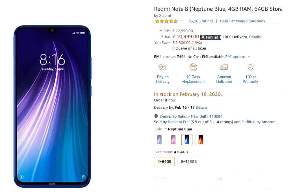 Redmi Note 8 on Amazon