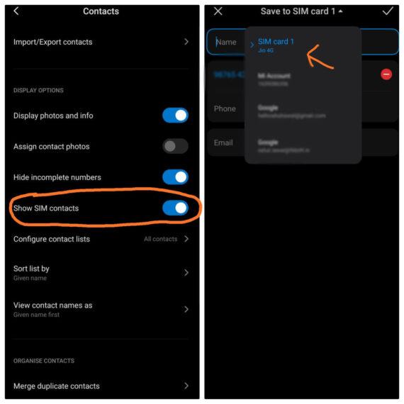 Steps to save new contact in SIM card on Xiaomi devices