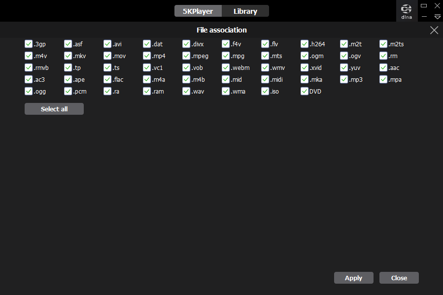 Different formats supported by 5KPlayer in Windows