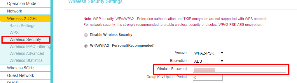 View router password in Wireless security page