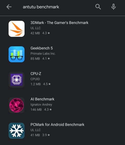 Search results for "antutu benchmark" on Play Store