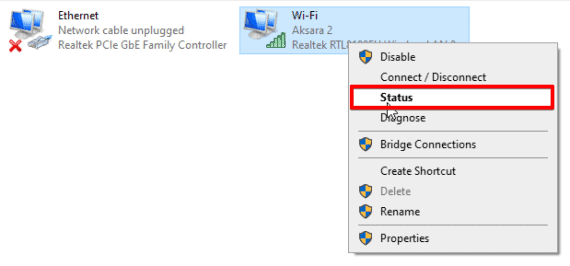 Wifi Status under the network connections page