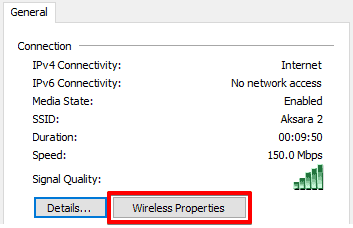 Wireless Properties option to access the Wifi Settings 
