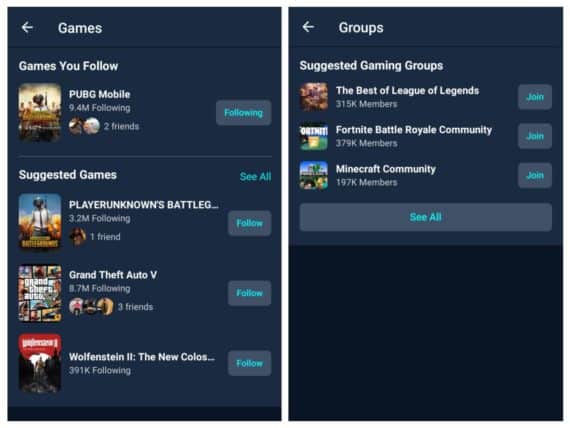 Facebook gaming app interface