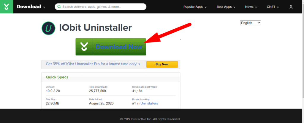 Download IObit Uninstaller 10 executable file from CNET website