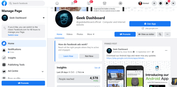 Homepage of geek dashboard in new facebook.