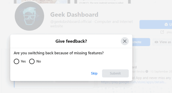 Feedback window for logging back to Classic Facebook