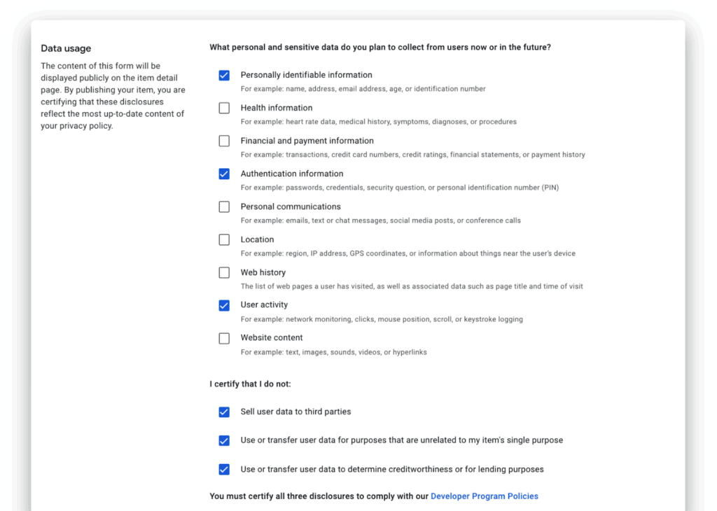 Data Usage Fields for developers in Chrome Web Store