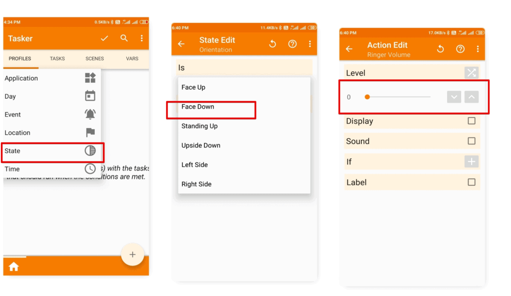 Tasker Profile Settings to Mute Incoming Calls When Phone is Flipped Upside Down